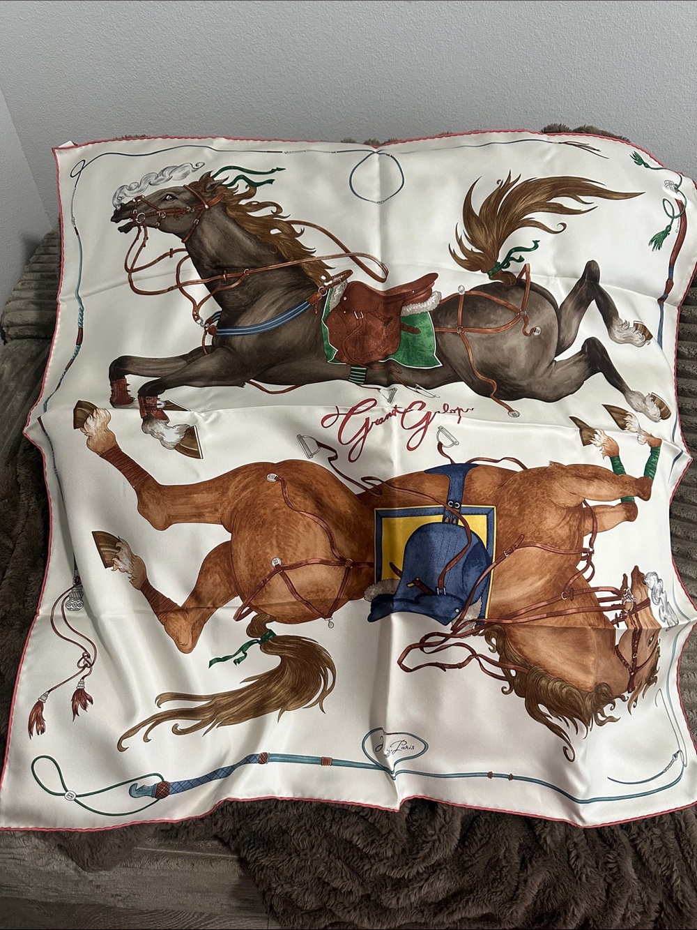 Hermes Equestrian Horse Print Silk Scarf - Cream, Brown, Green, Blue - Picture 1 of 6